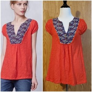 Anthropologie Meadow Rue red embroidered ikat tee cap sleeve cotton size XS
